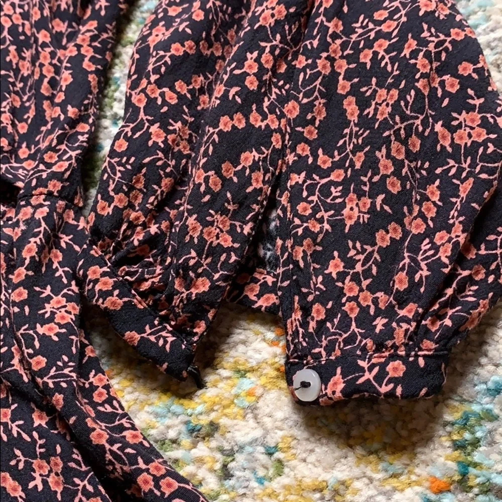 Free People Black with Coral Floral Wrap Blouse